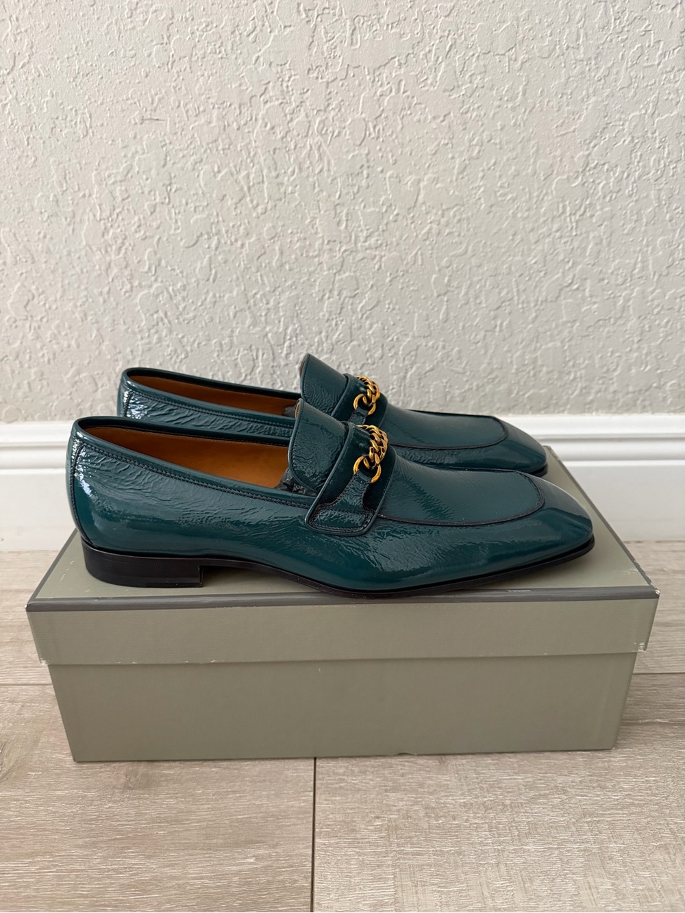 Tom Ford Teal Patent Leather Loafers with Gold Chain Detail men 11.5